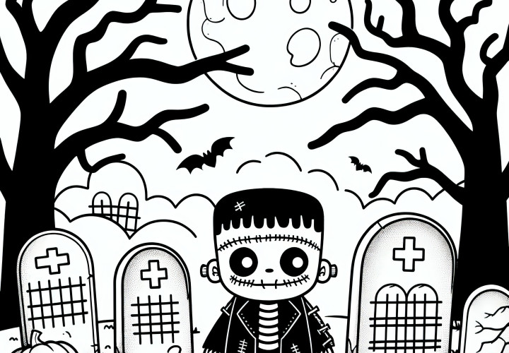 Halloween costume monster in cemetery: coloring page free for download