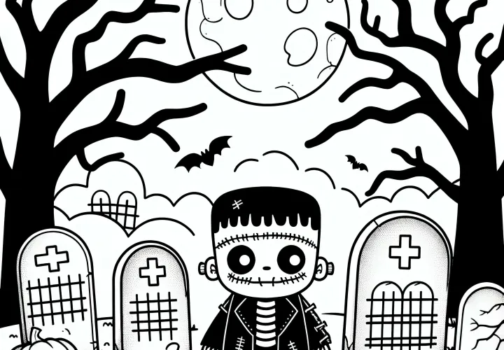 Disfraz de monstruo de Halloween en el cementerio: plantilla para colorear gratuita para descargar