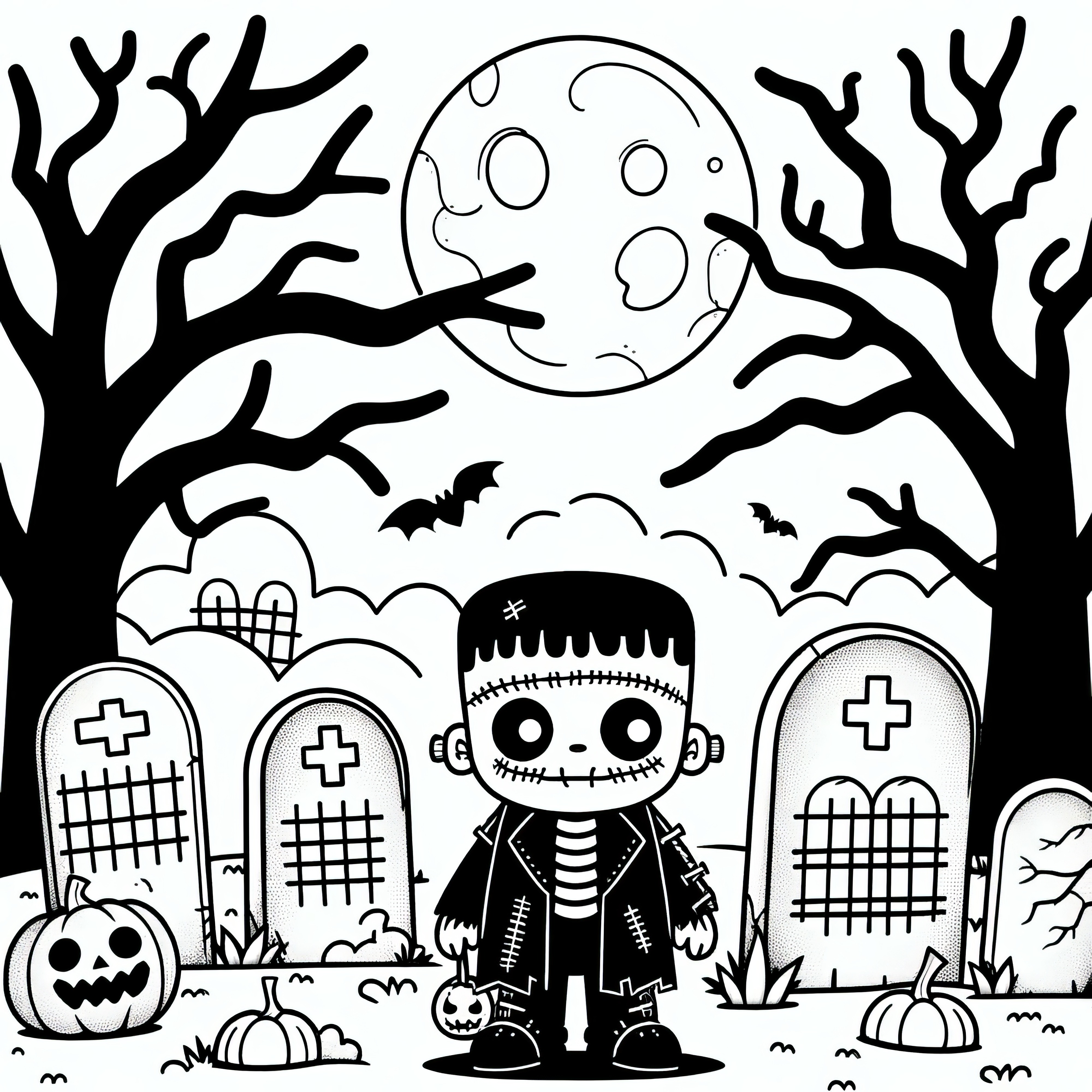 Halloween costume monster in graveyard: Coloring page free to download