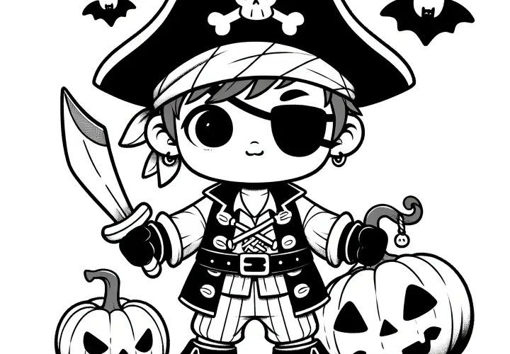 Disfraz de pirata de Halloween con parche en el ojo y calabazas: dibujo para colorear (gratis)