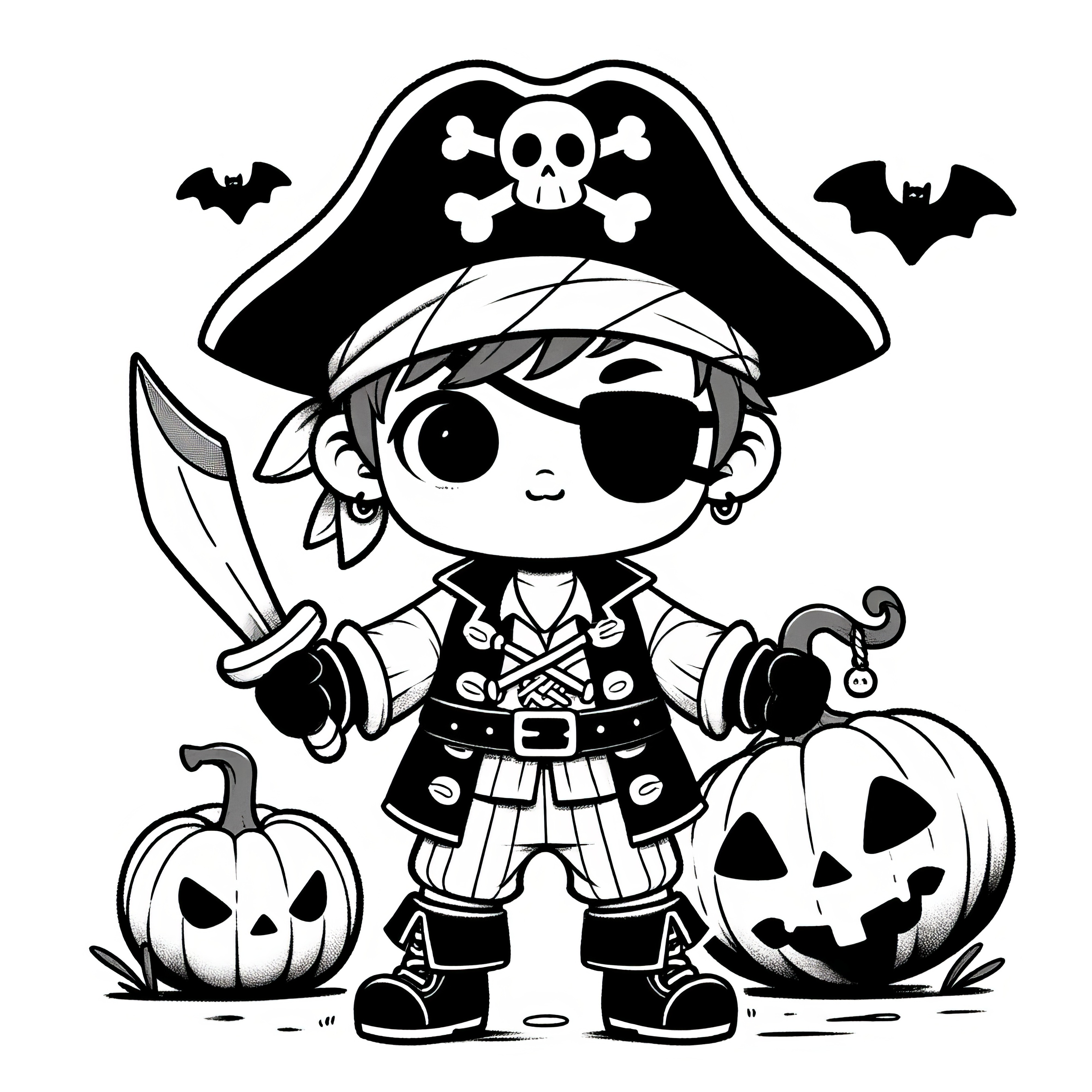 Halloween costume pirate with eyepatch and pumpkins: coloring page (Free)