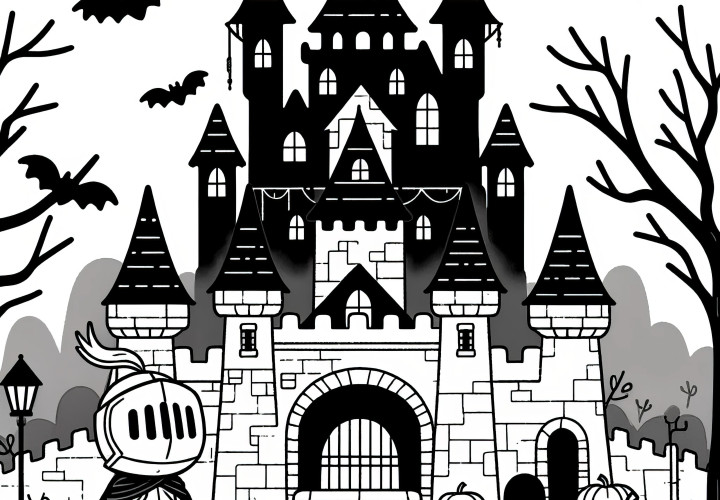 Halloween costume - Knight in front of the castle: Free coloring page