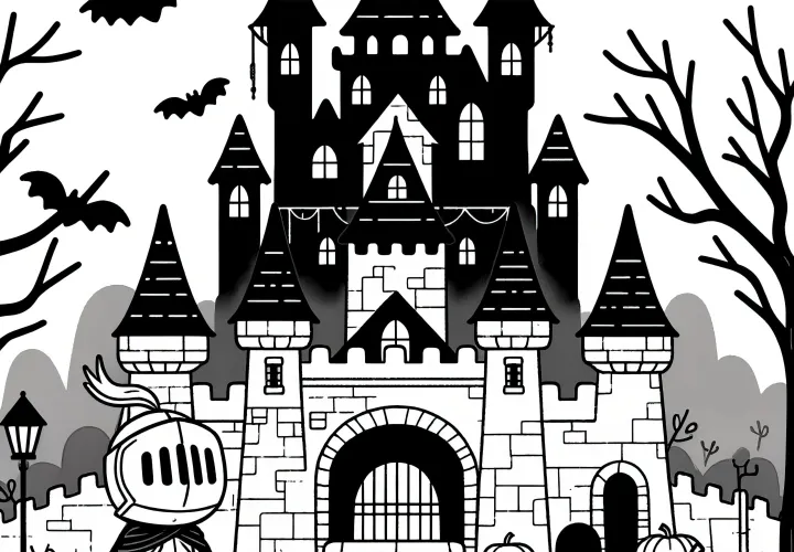 Disfraz de Halloween - Caballero delante del castillo: Plantilla para colorear gratuita