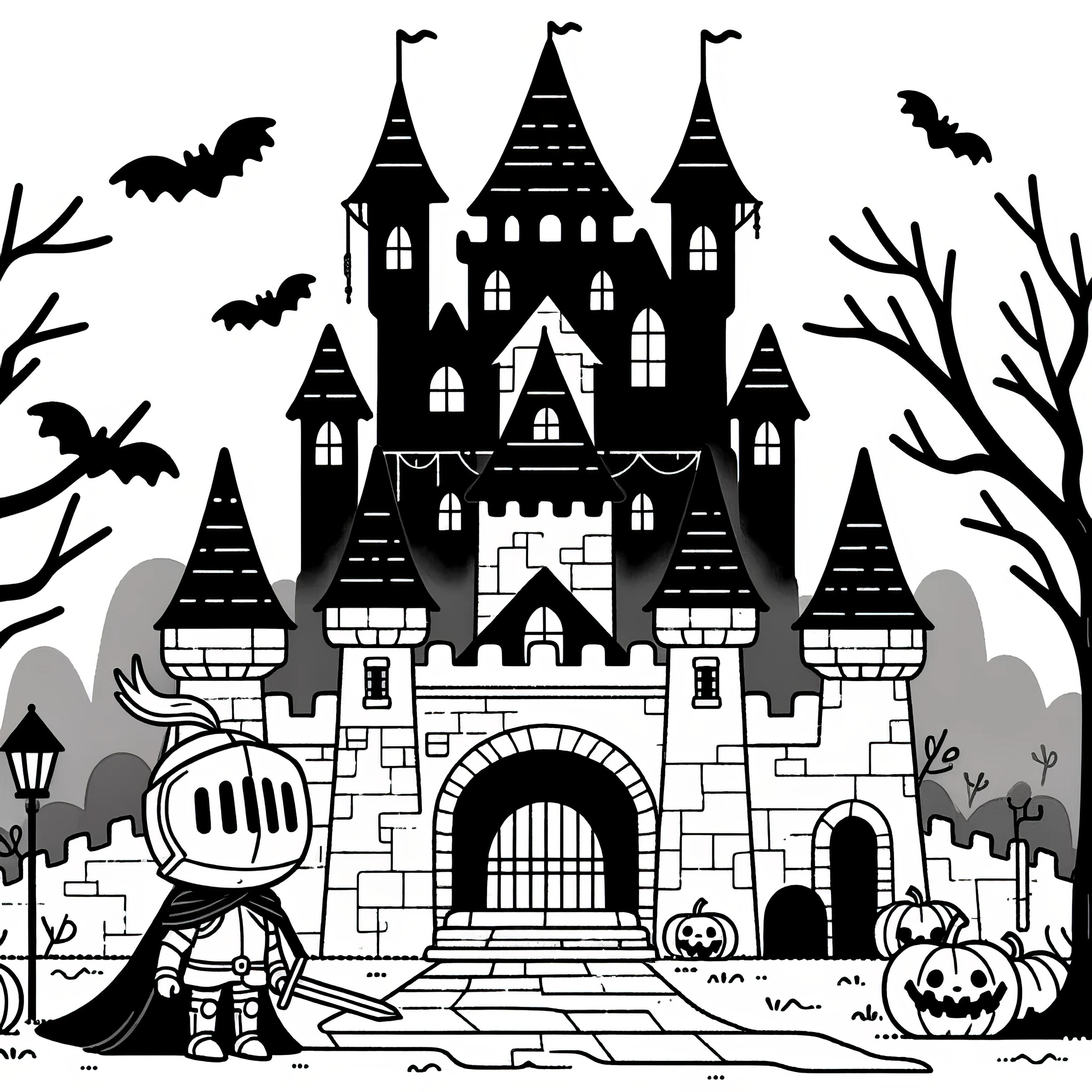 Halloween costume - Knight in front of the castle: Free coloring page