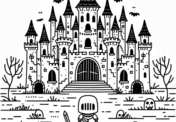 Halloween costume knight in front of mysterious castle: coloring picture (free)