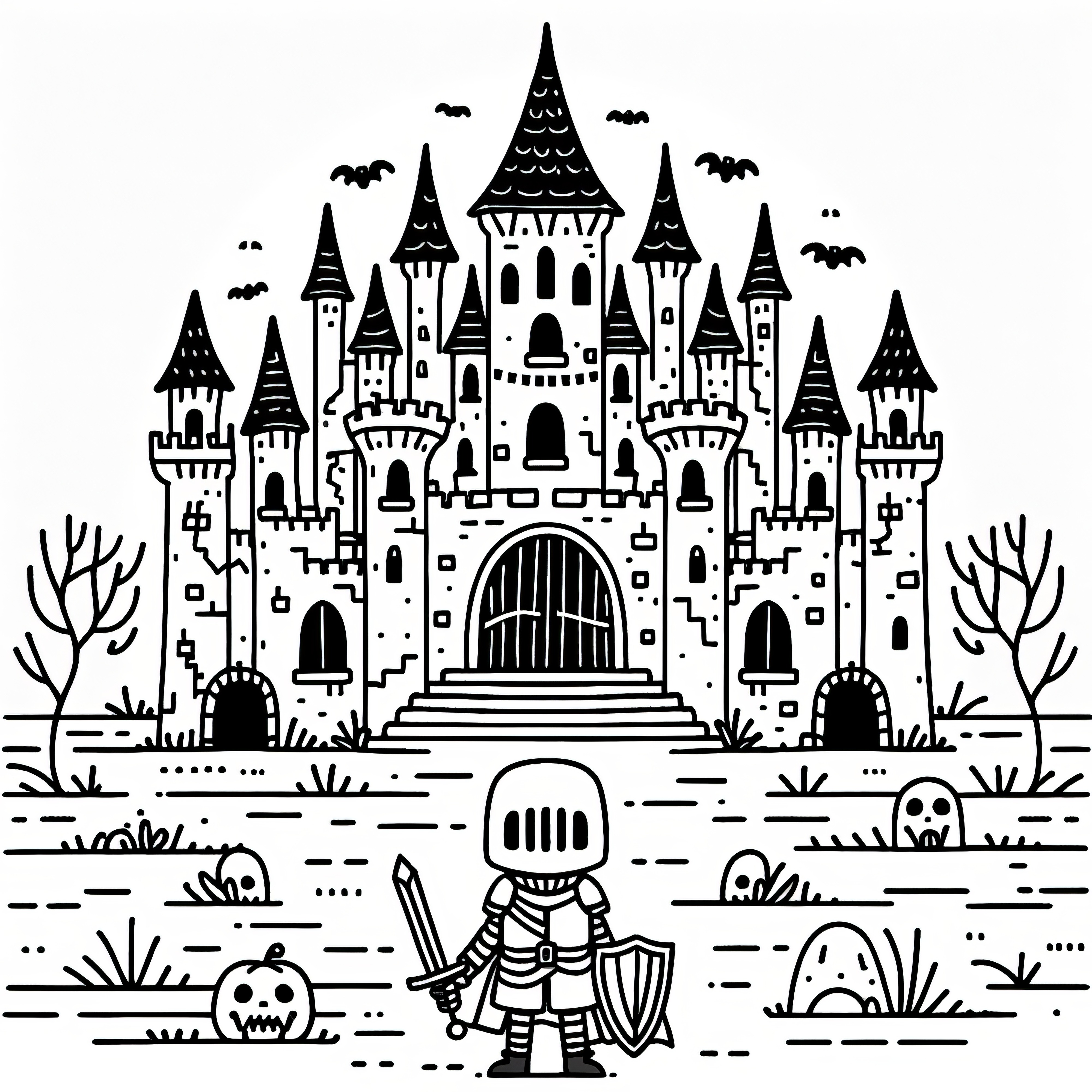 Halloween costume knight in front of mysterious castle: coloring picture (free)