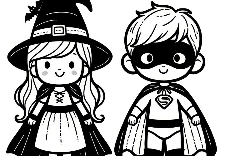 Halloween Costume - Superhero and Witch: Free Coloring Page