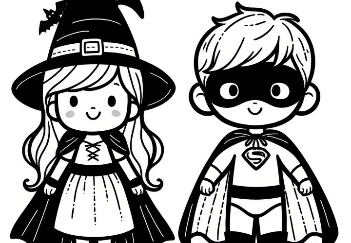 Disfraz de Halloween - Superhéroe y bruja: lámina para colorear gratuita