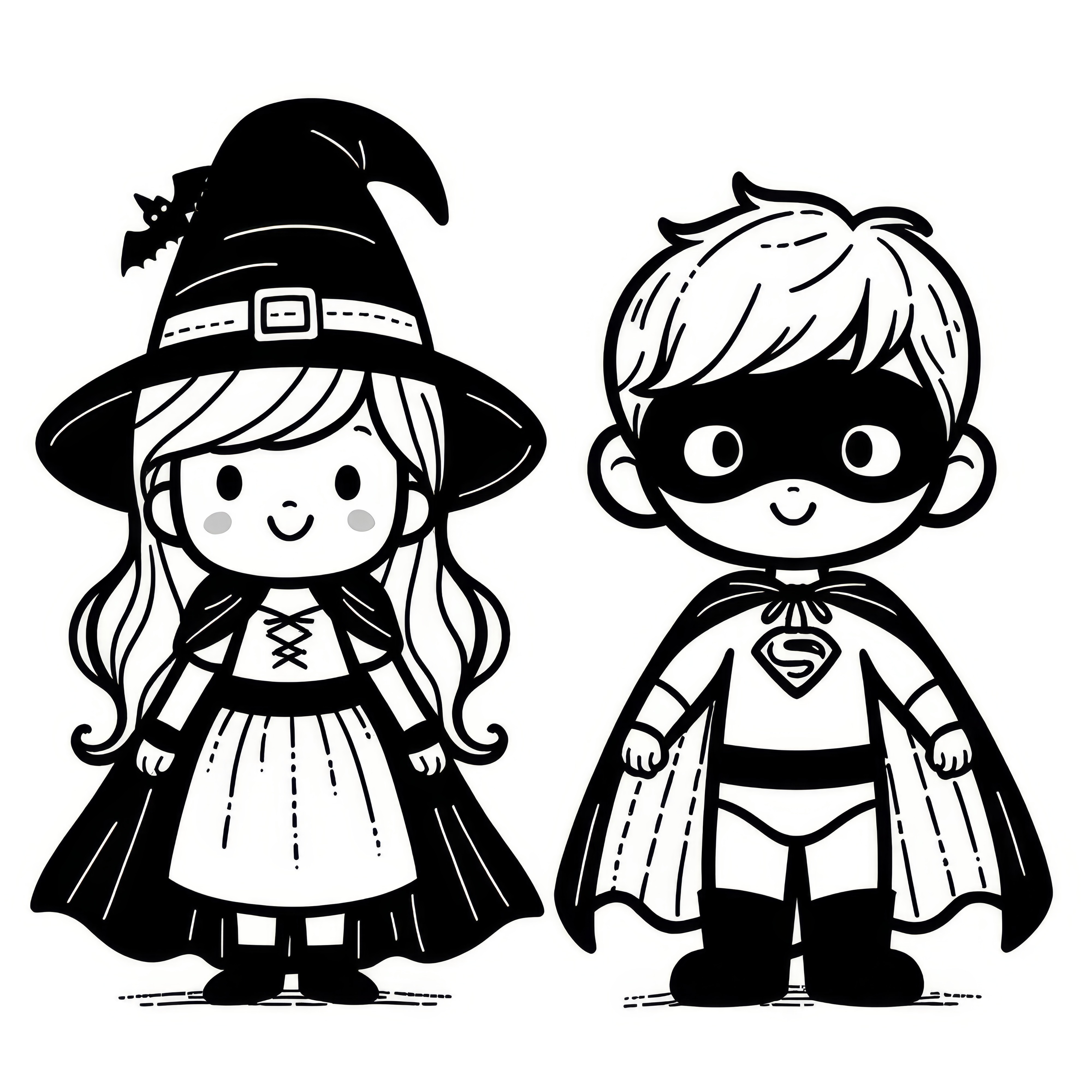 Halloween costume - superhero and witch: free coloring page