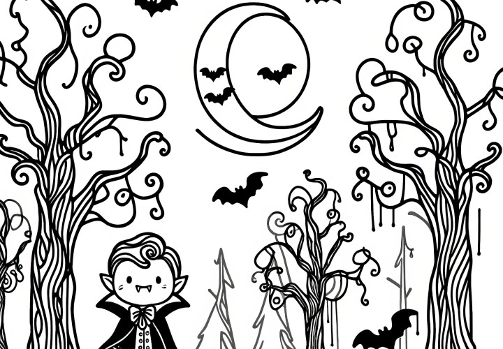 Halloween costume vampire in the woods: coloring page for downloading (FREE)