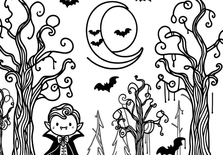 Disfraz de vampiro en el bosque de Halloween: lámina para colorear para descargar (Gratis)