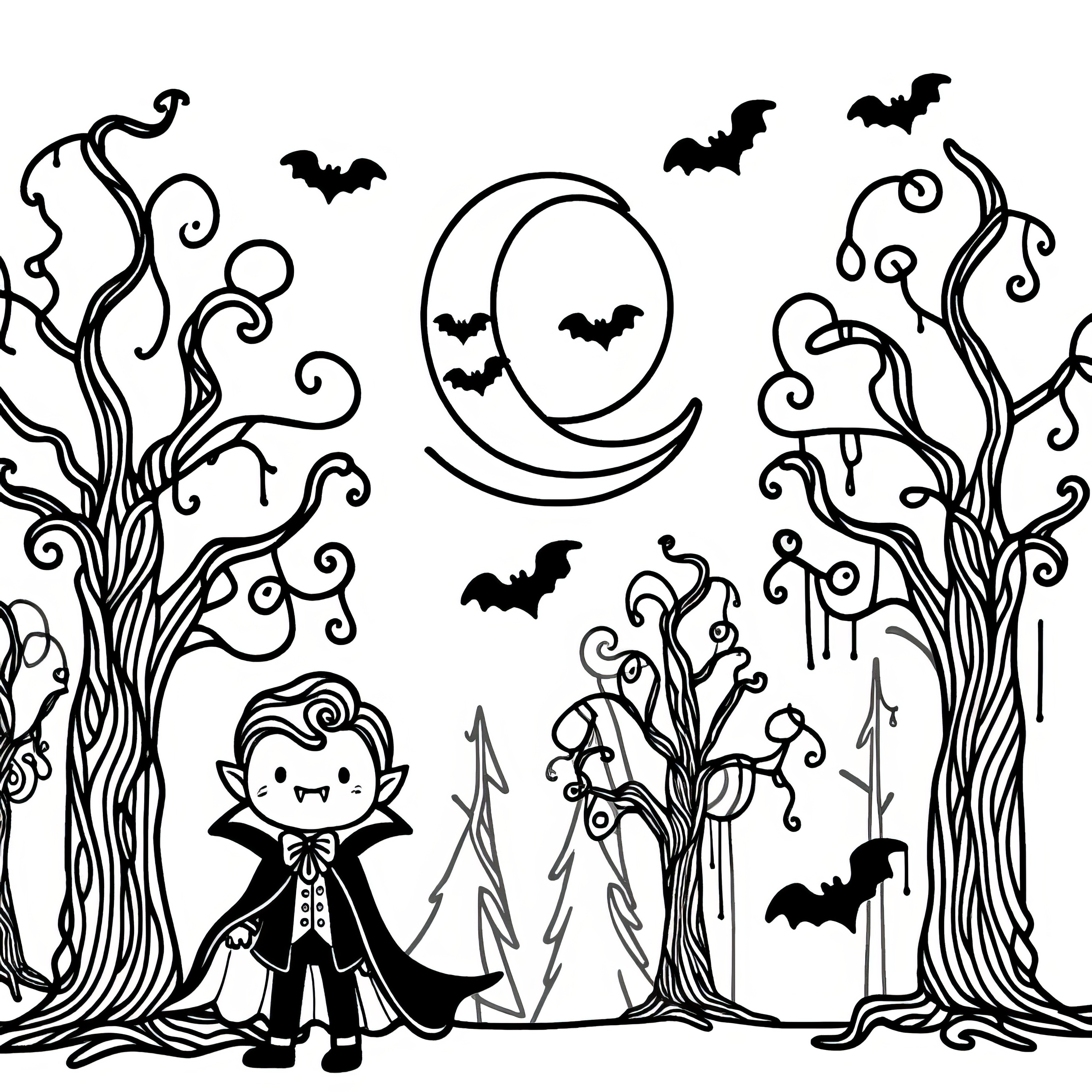 Halloween costume vampire in the forest: coloring page for download (free)