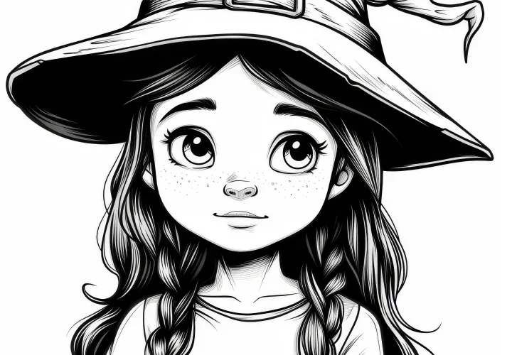 Hermosa bruja en disfraz de Halloween como dibujo para colorear (Gratis)