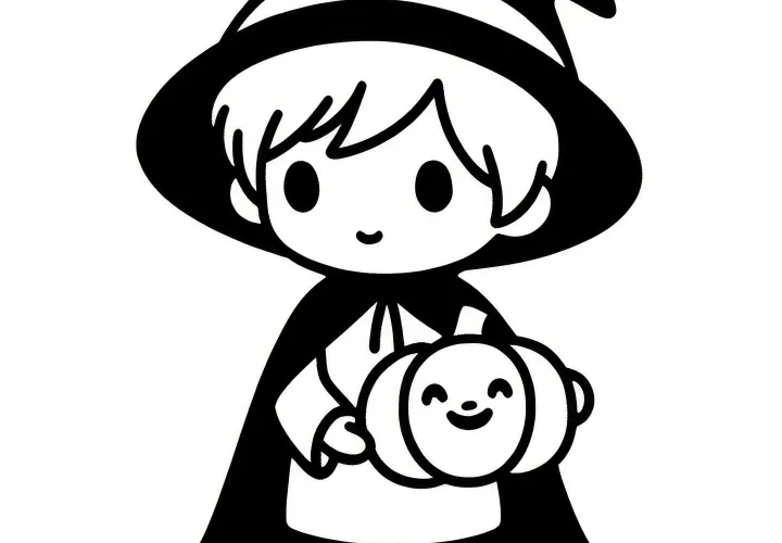 Disfraz de Halloween: Pequeño mago como sencillo dibujo para colorear (Gratis)