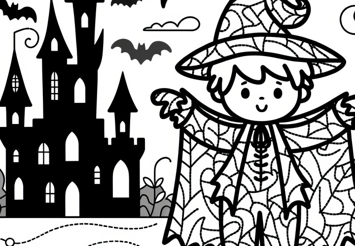 Halloween costume: Wizard in front of a castle as a coloring picture (free)