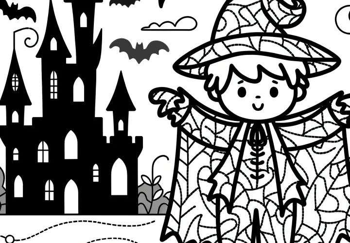 Disfraz de Halloween: Mago delante de castillo como dibujo para colorear (Gratis)