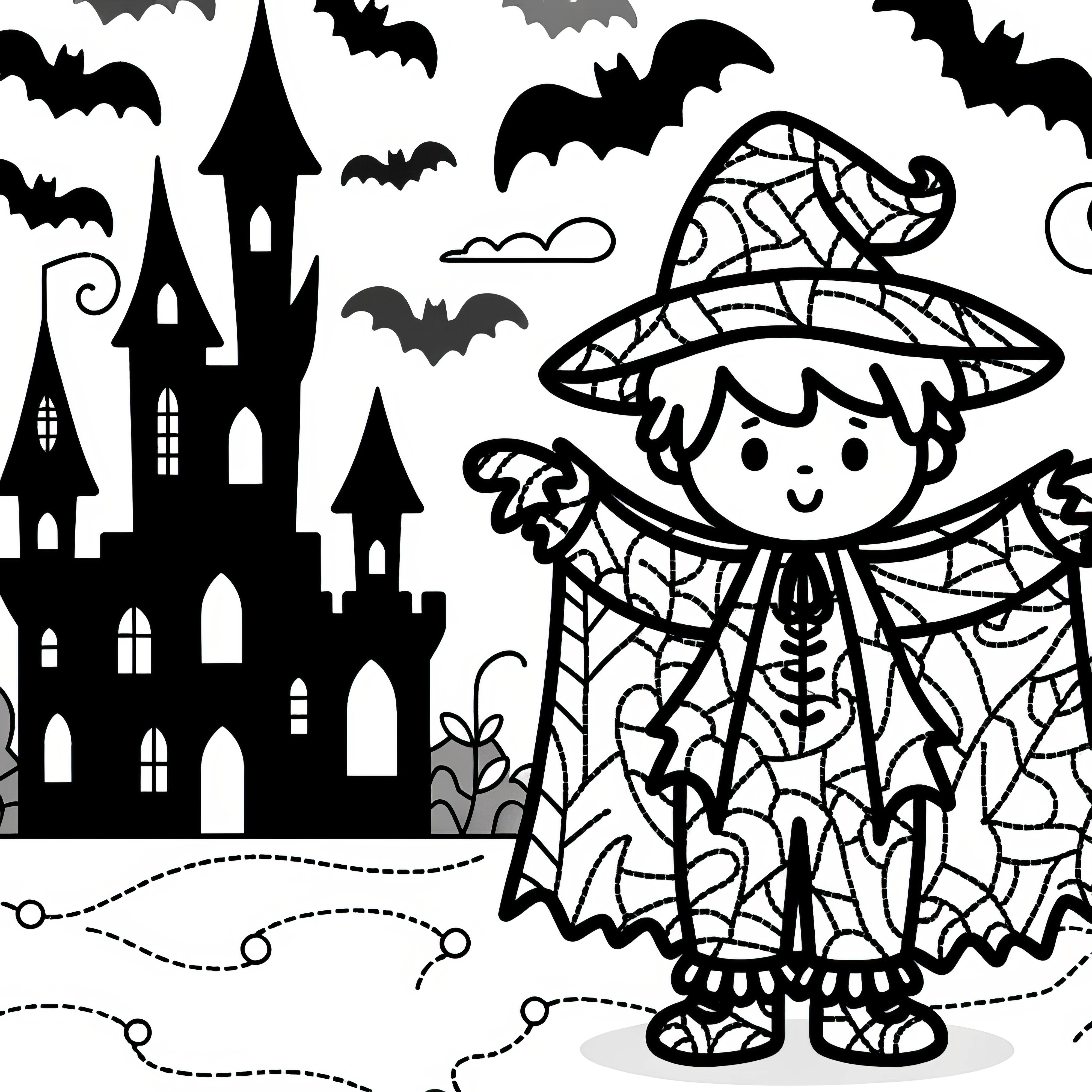 Halloween costume: Wizard in front of castle as coloring picture (Free)