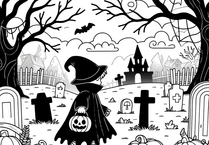 En el cementerio: Imagen escalofriante de Halloween para colorear (Gratis)