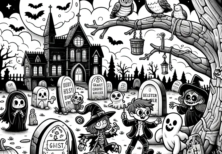 Imagen para colorear de Halloween con un cementerio espeluznante (Gratis)