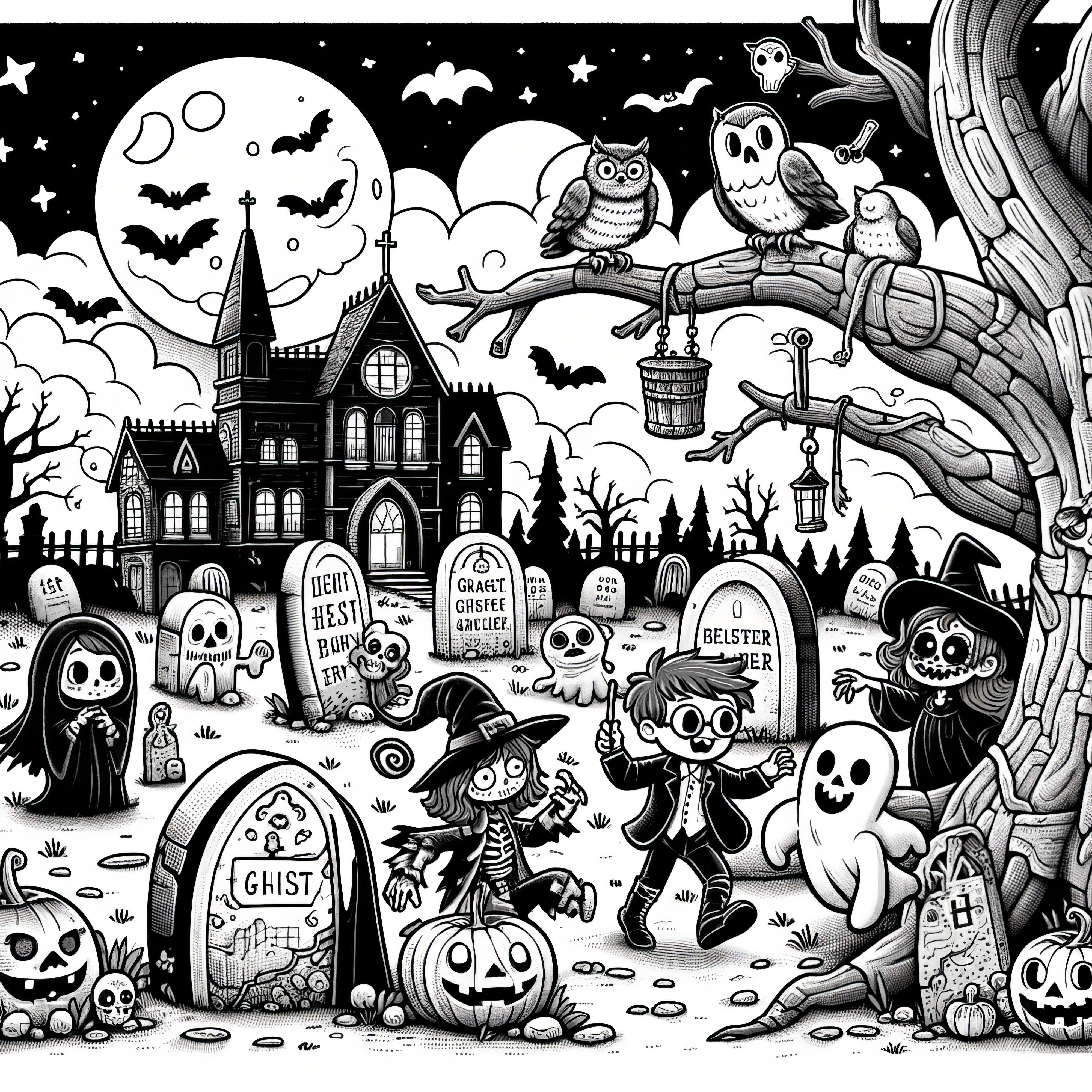 Imagen para colorear de Halloween con un cementerio escalofriante (Gratis)