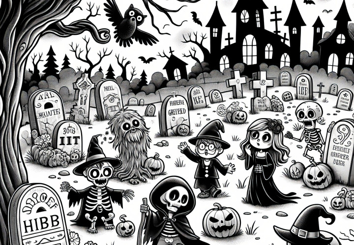 Fiesta de monstruos en el cementerio: página para colorear de Halloween para descargar (Gratis)