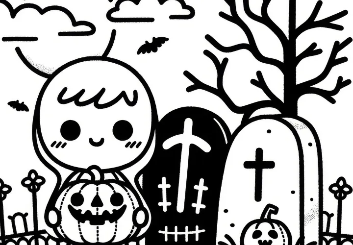 Imagen para colorear simple de un cementerio de Halloween (gratis)