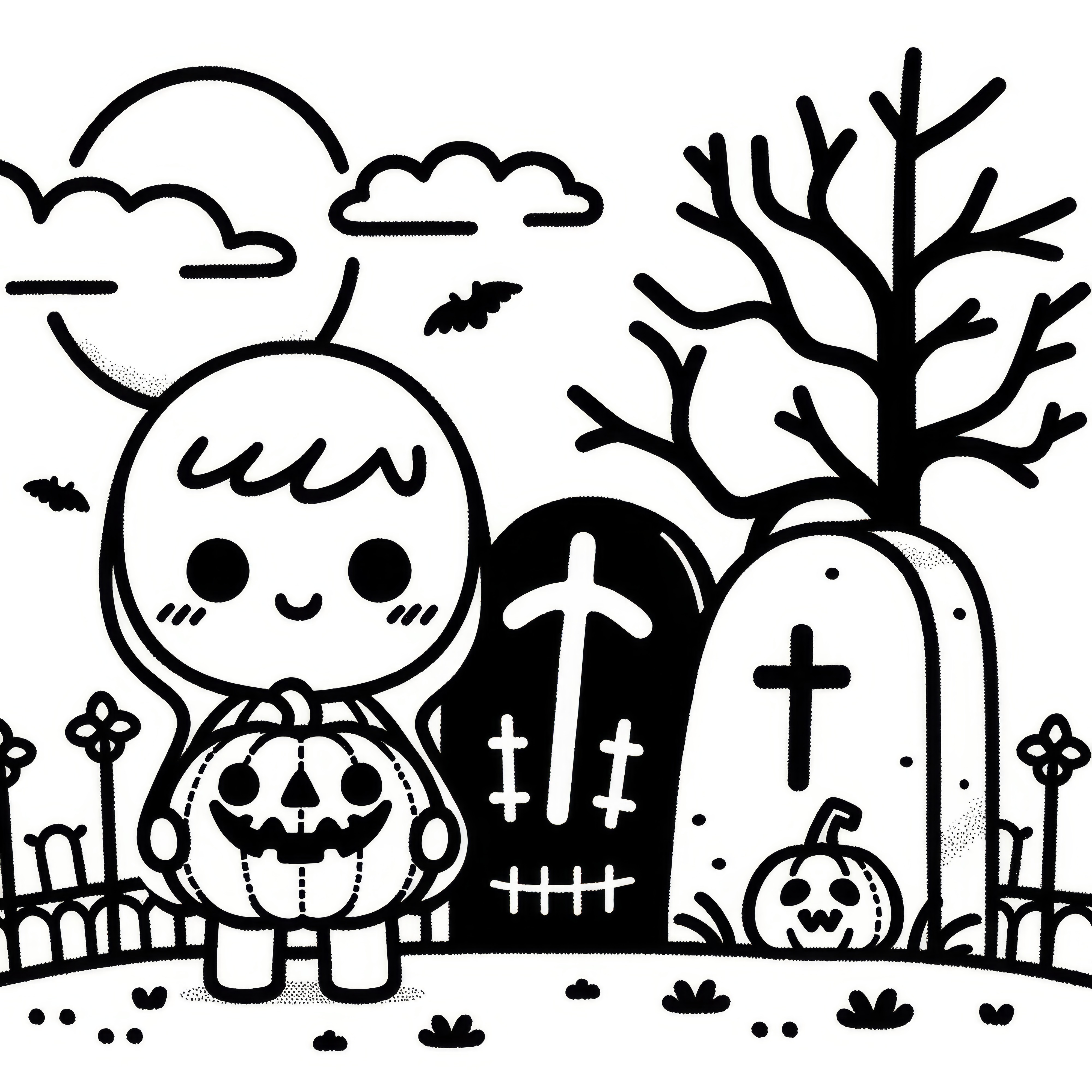 Simple dibujo para colorear de un cementerio de Halloween (Gratis)