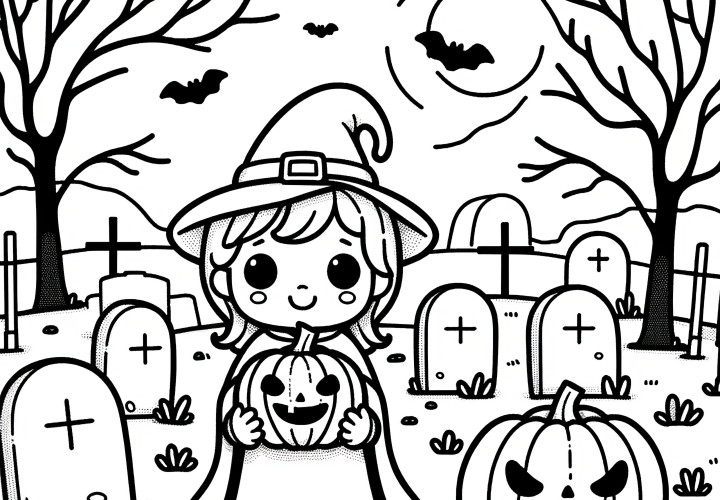 Bruja en el cementerio: imagen de Halloween para colorear (Gratis)