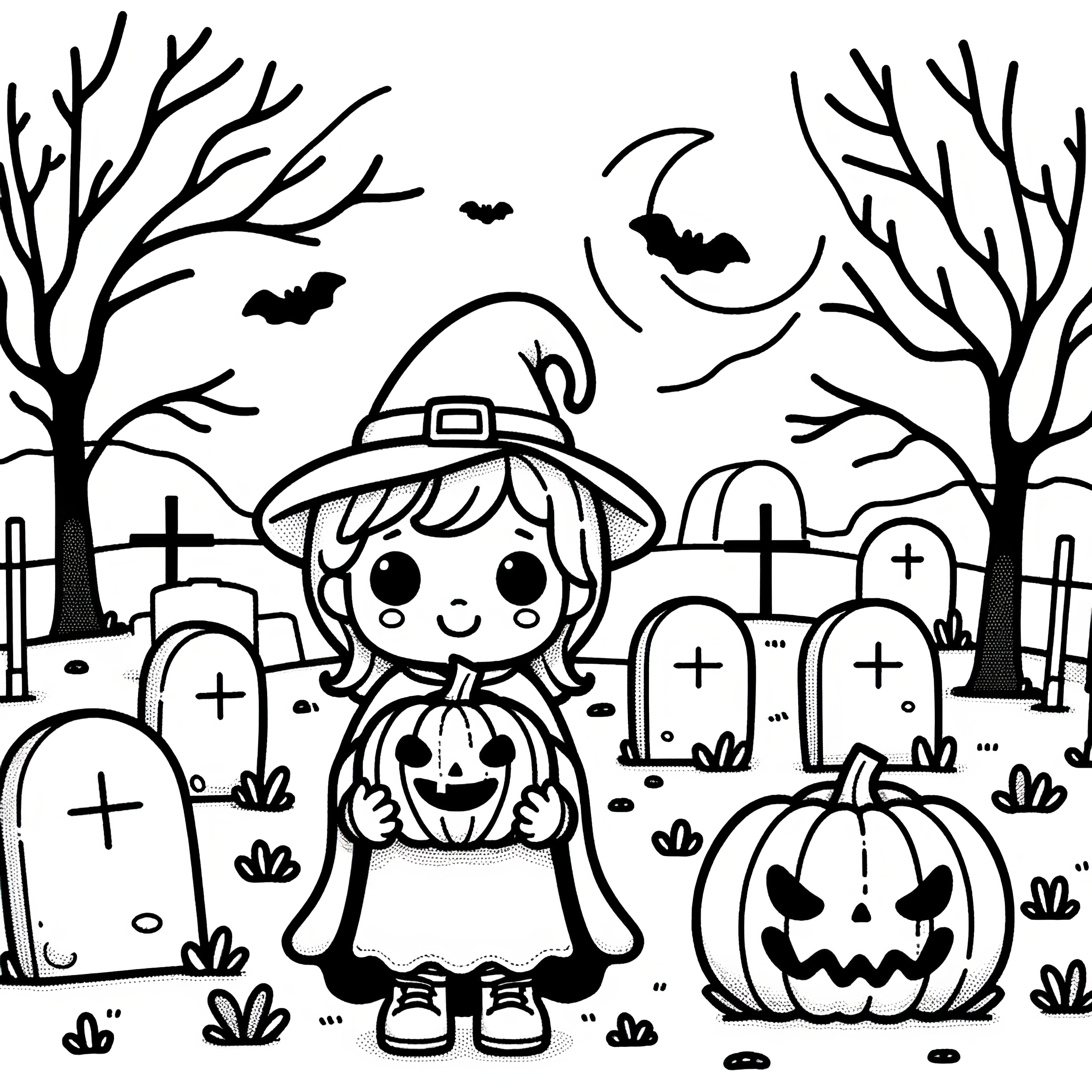 Bruja en el cementerio: imagen de Halloween para colorear (Gratis)