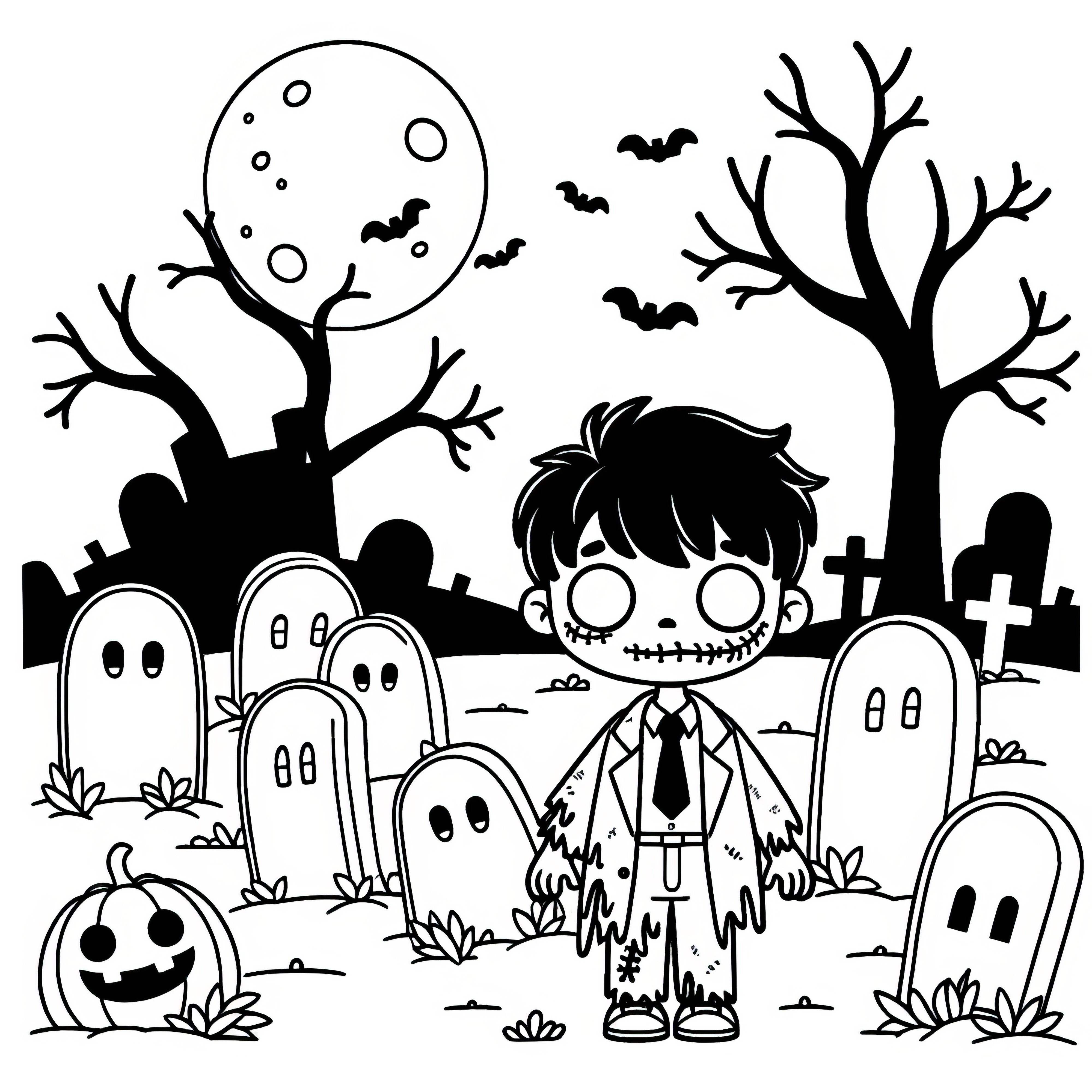 Monstruos en el cementerio: imagen para colorear de Halloween espeluznante para descargar (Gratis)