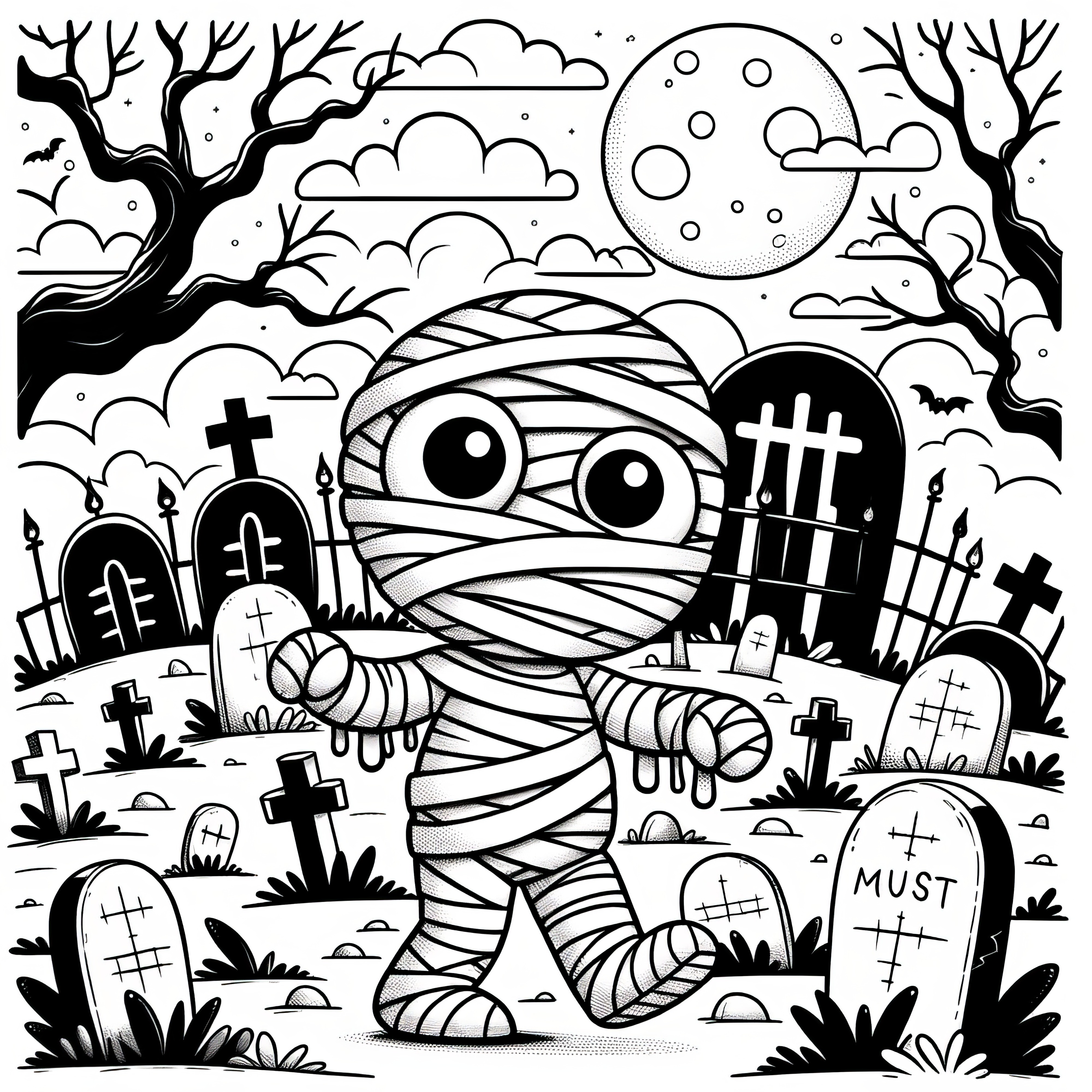 Momia en el cementerio: imagen de Halloween para colorear (Gratis)