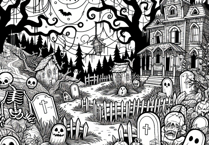 Siniestro cementerio y casa encantada: dibujo para colorear de Halloween para descargar (Gratis)