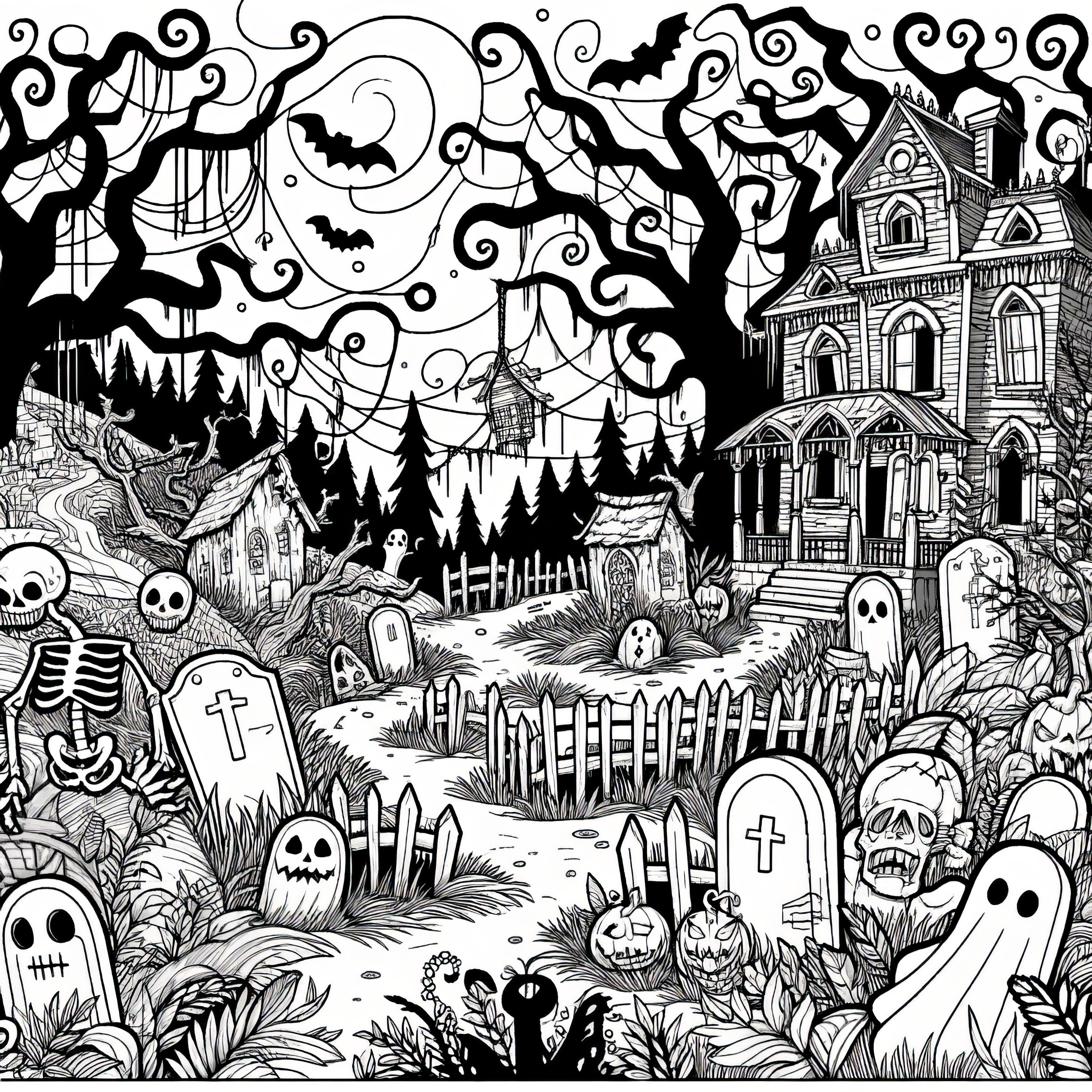 Escalofriante cementerio y casa embrujada: Plantilla para colorear de Halloween para descargar (Gratis)