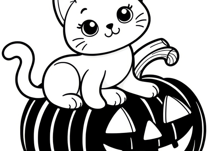 Cat sitting on pumpkin: Halloween coloring page for download (Free)