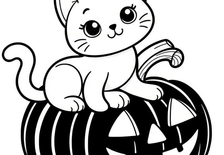 Gato sentado en calabaza: Descarga la plantilla para colorear de Halloween (Gratis)