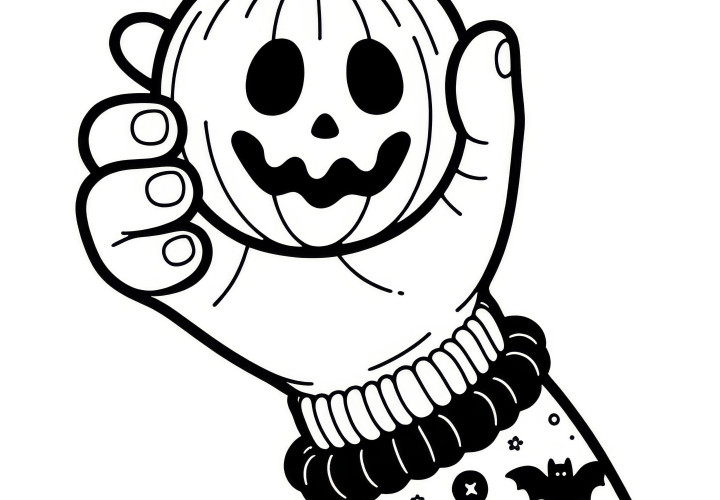 Halloween coloring page: Pumpkin in one hand (Free)