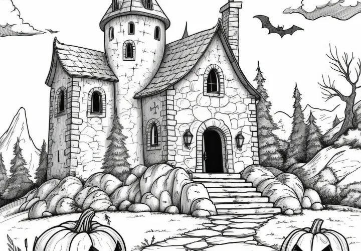 Vieja casa encantada con calabazas: plantilla para colorear de Halloween para descargar (Gratis)