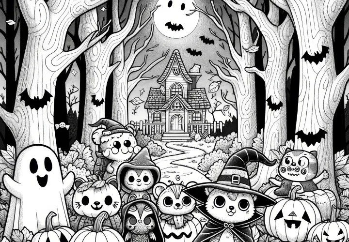 Bosque oscuro, fantasma y calabazas: Imagen de Halloween para colorear (Gratis)