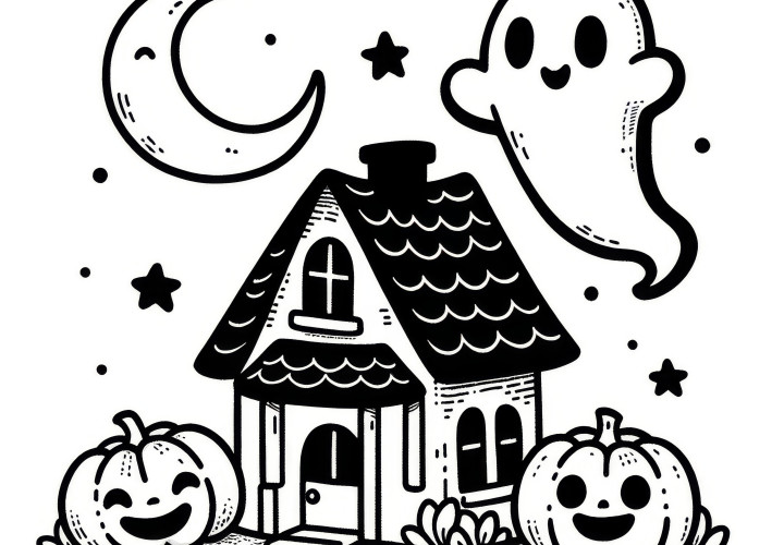 Litet spökhus med måne och spöke: Enkel Halloween-målarbild (Gratis)