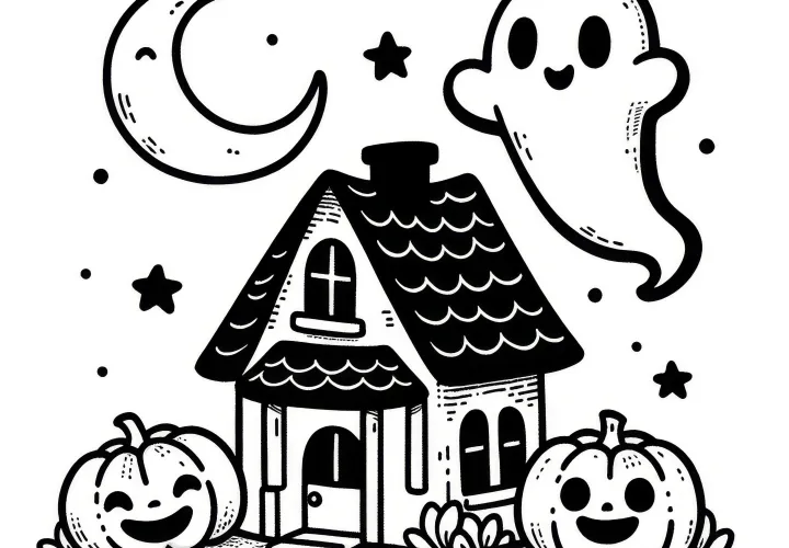 Pequeña casa embrujada con luna y fantasma: Dibujo para colorear de Halloween sencillo (Gratis)