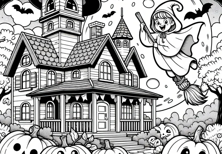 Casa encantada, bruja, luna y calabazas: imagen de Halloween para colorear (gratis)