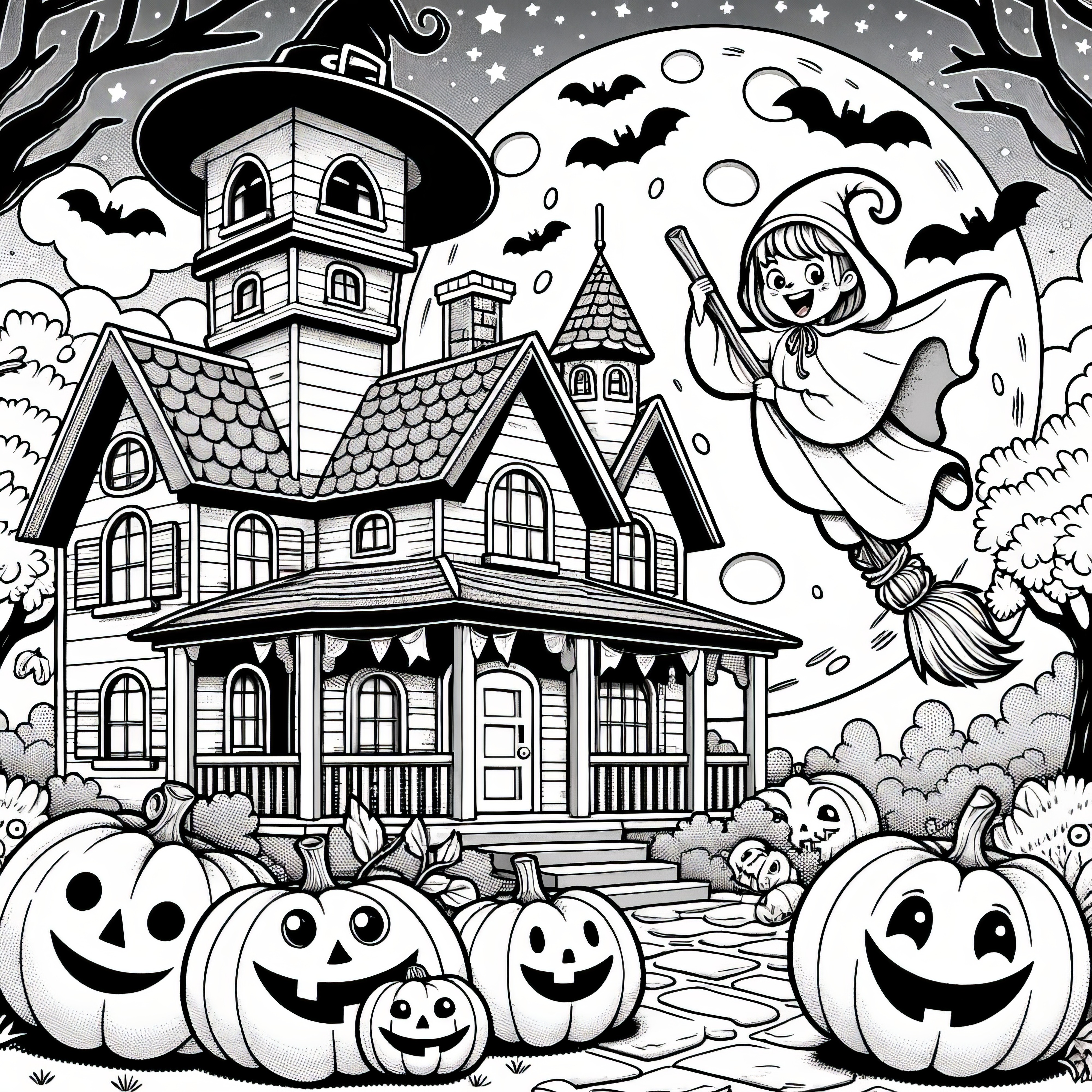 Rumah hantu, penyihir, bulan, dan labu: Gambar Halloween untuk diwarnai (Gratis)