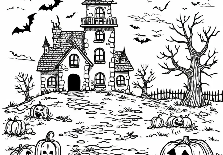 Casa encantada y calabazas: Imagen para colorear gratuita para descargar