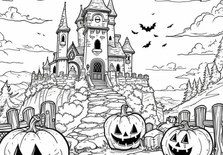 Castillo encantado con calabazas: dibujo para colorear de Halloween (Gratis)