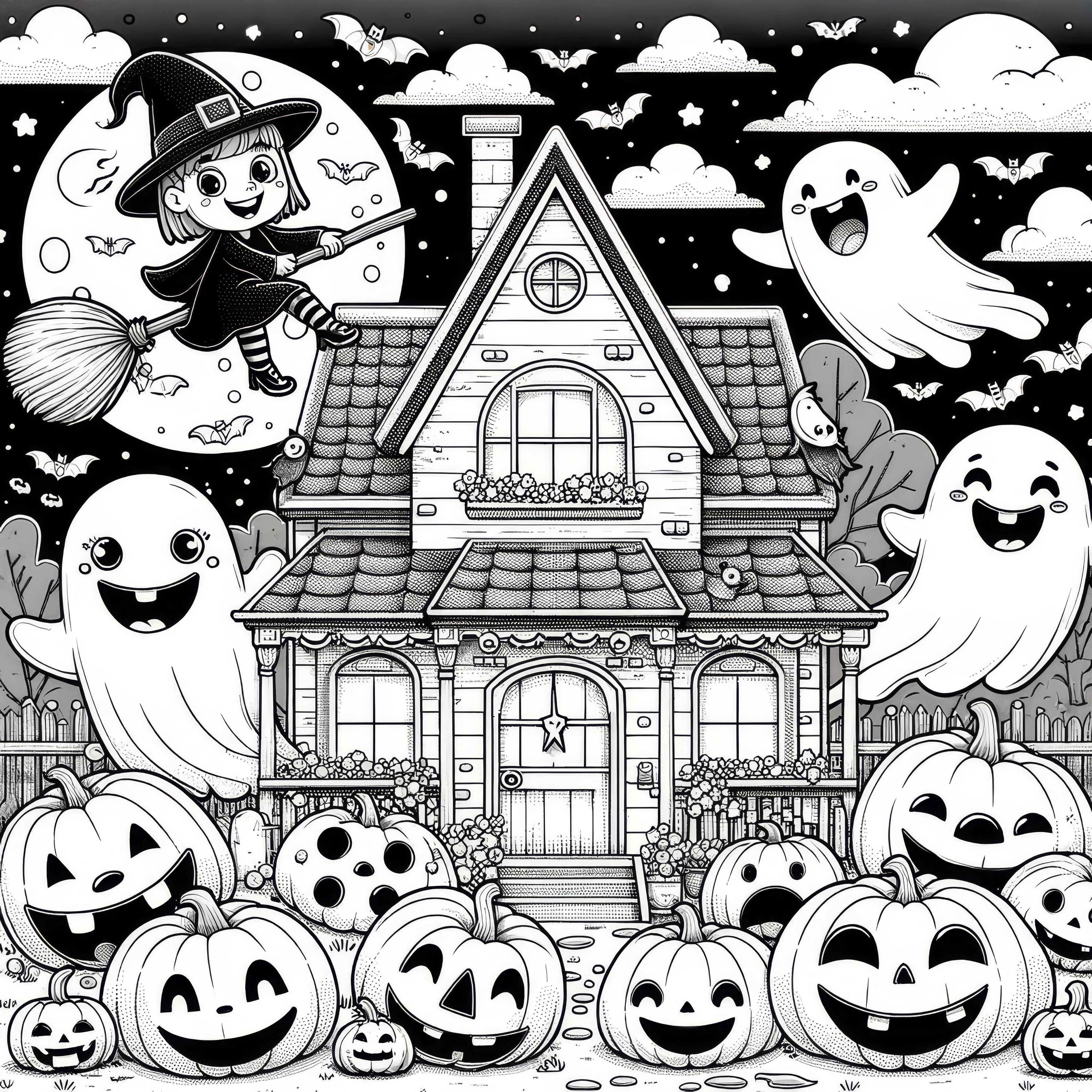 Rumah berhantu, penyihir, hantu, dan labu: Gambar Halloween untuk diwarnai (Gratis)