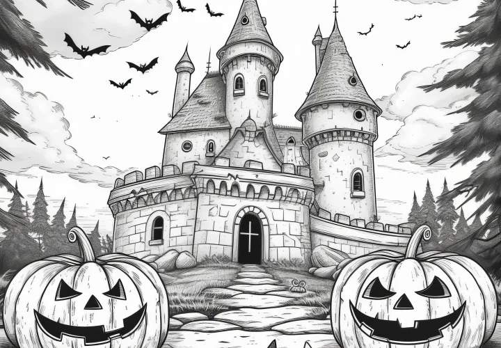 Castillo encantado: imagen de Halloween para colorear (gratis)