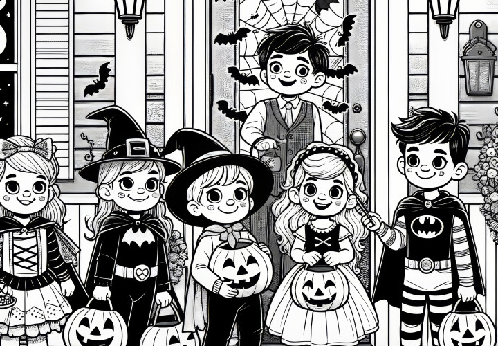 Halloween partisinde evinin önündeki aile: Boyama sayfası ücretsiz