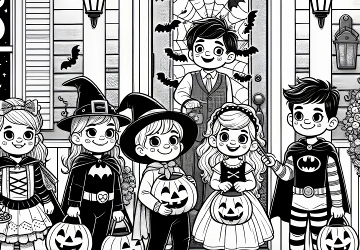 Familia delante de casa en fiesta de Halloween: plantilla para colorear gratis