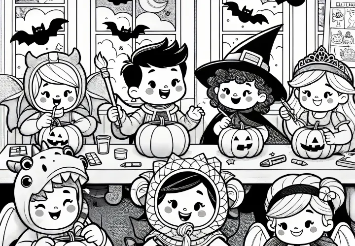 Escuela primaria con niños y calabazas: Dibujo para colorear de una fiesta de Halloween (Gratis)