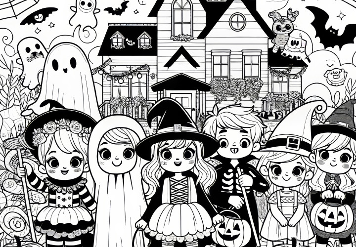 Joyful Halloween celebration with scary creatures: coloring page for download (Free)